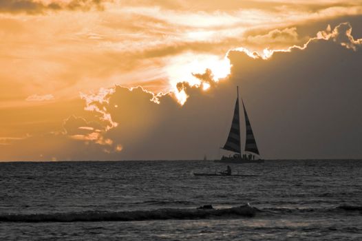 an isolated shot of a Yacht boat at Sunset