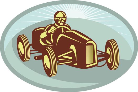 illustration of a Race car driver racing with sunburst in background done in retro style.