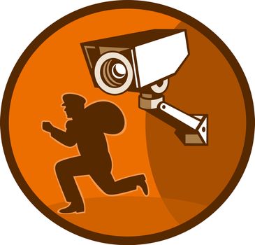 illustration of a burglar thief running with Security surveillance camera