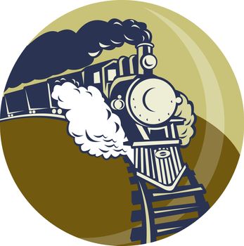 
illustration of a Steam train or locomotive coming up set inside a circle
