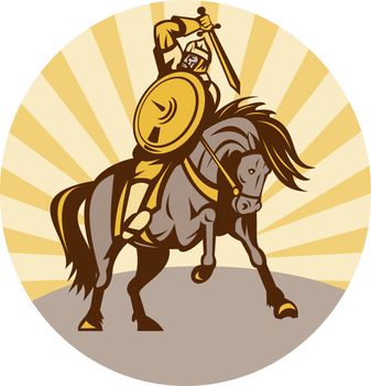 illustration of a warrior with shield and sword on horse