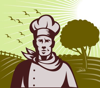 illustration of a Baker chef or cook with farm setting in background done in retro woodcut style