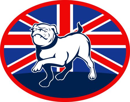  illustration of a Proud English bulldog marching with Great Britain or British flag at background set inside an oval.