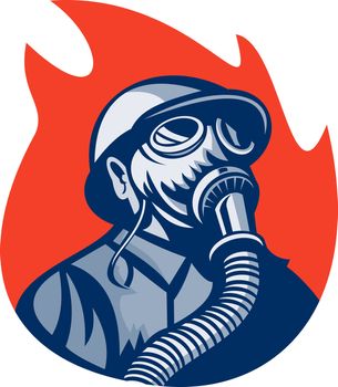 illustration of a Fireman or firefighter wearing vintage gas mask set inside a flame or fire