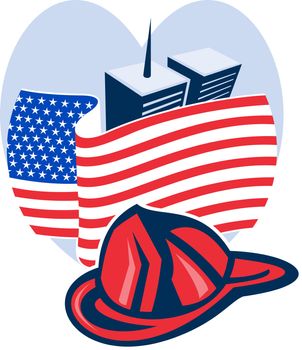 illustration of am unfurled american flag  with world trade center twin tower building in the 
background set inside heart