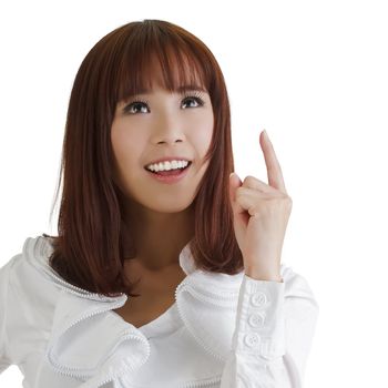 Attractive Asian business woman thinking and smiling on white.