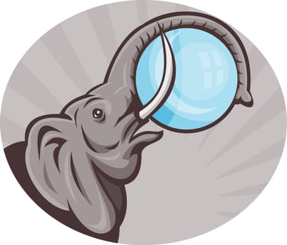illustration of an african elephant with sphere ball done in retro woodcut style set inside oval