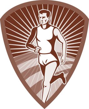illustration of a Marathon athlete sports runner with sunburst and set in shield done in retro style.
