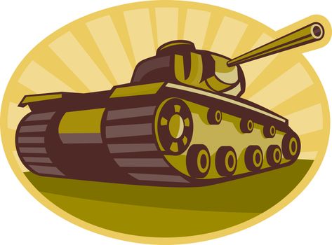 illustration of a world war two battle tank aiming cannon to side with sunburst in background done in retro style