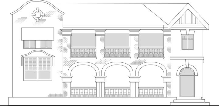 line drawing illustration of a commercial office building or shopping center building viewed from front elevation on white background