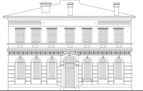 line drawing illustration of a heritage mansion building viewed from front elevation on white background