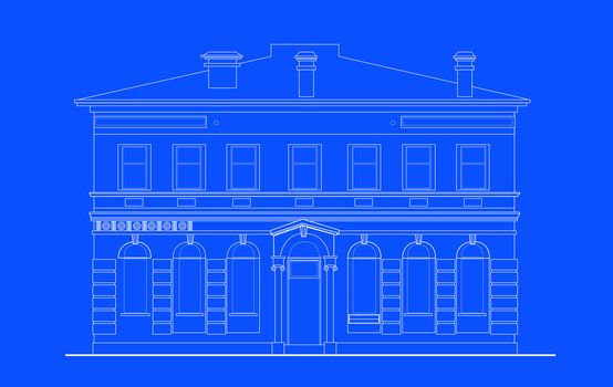 line drawing illustration of a heritage mansion building viewed from front elevation on blue background