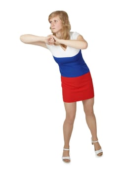 Young woman strikes elbow isolated on a white background