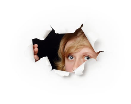 A woman's face peeping out of hole - the female curiosity