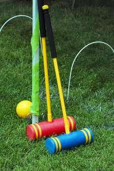 isolated shot of mini golf sticks and balls