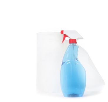 Window Cleaner and Paper Towels on White Background With Copy Space