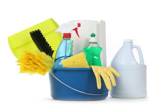 Household Cleaning Supplies in a Bucket on White Background