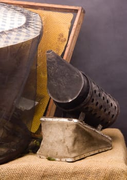 Basic attributes of every beekeeper imieszczone on a black background in studio