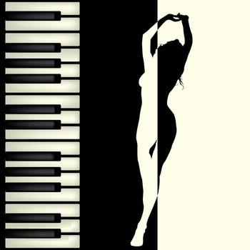 Abstract background with piano keys and dancing girl silhouette