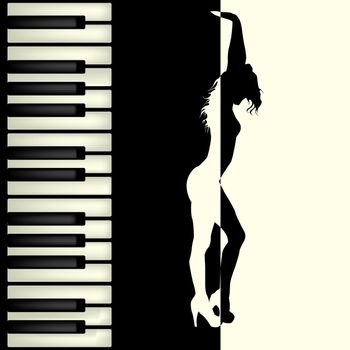 Abstract background with piano keys and dancing girl silhouette