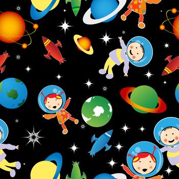 Childlike drawing with astronauts and planets, stars, pattern