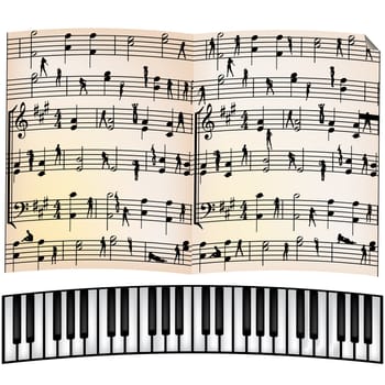 Abstract musical background, objects. Stylized piano keyboard and music sheet