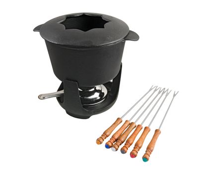 Characteristic cast iron set used for fondue or bourguignonne