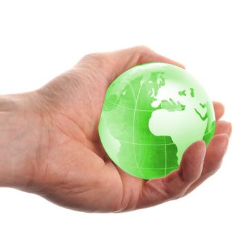 globe in hand isolated on white showing eco environment or business concept