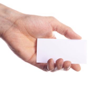 hand and blank or empty paper with copyspace for text message