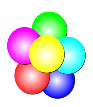 Abstract basic logo of six circles in purple, red, blue, aqua, green, and yellow in a stack. 