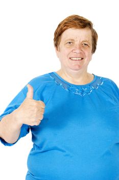elderly woman is putting her thumb up isolated on white