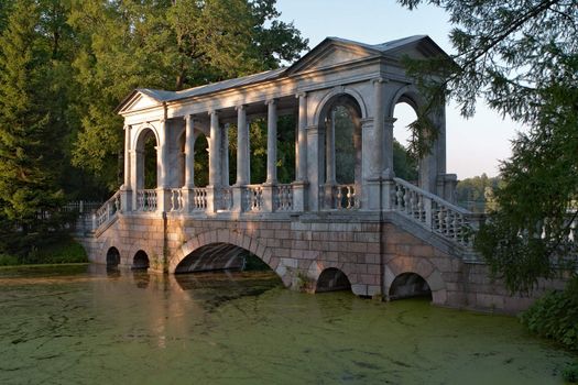 Marble Bridge (1770 - 1776) Tsarskoye Selo (Pushkin) St. Petersburg Russia. Wide panorama