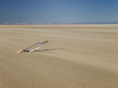 A bottle with a message inside is abandoned in the desert.