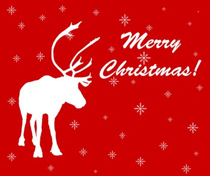 Raster caribou reindeer white silhouette with stars on red background and Merry Christmas wishes.