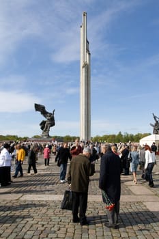 RIGA, LATVIA, MAY 9, 2008: Celebration of May 9 Victory Day (Eastern Europe) in Riga at Victory Memorial to Soviet Army