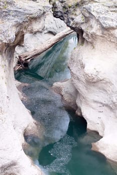 A curved river with a wood which flows in a canyon
