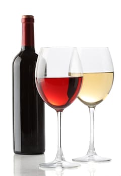 Two glasses of wine and a bottle isolated over white background