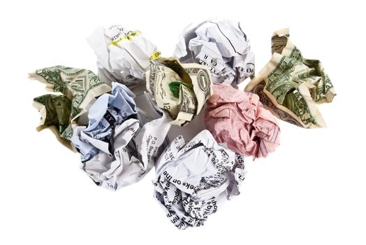 Crumpled bills and dollar bills, isolated on white background.