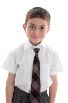 A beautiful young boy school child wearing school uniform.  White background.