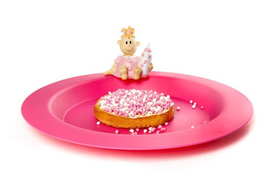 a rusk with white and pink mice, a dutch tradition