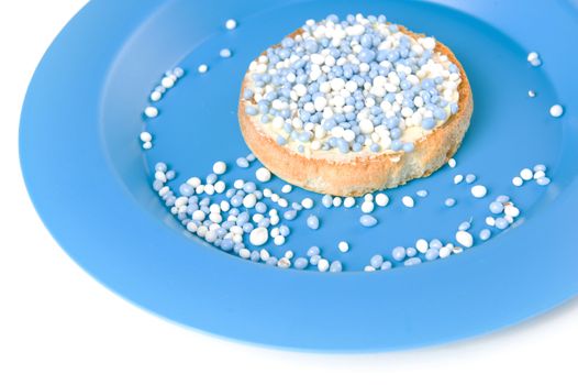 a rusk with blue and white mice, a dutch tradition