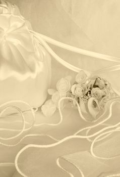 bridal bag wedding flowers decorations over bridal veil