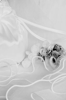 bridal bag wedding flowers decorations over bridal veil