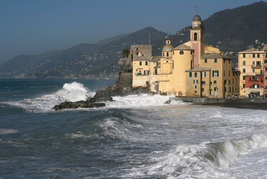 seaside and church in Camogli, italy