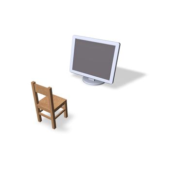 wooden chair and a computer monitor