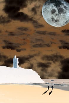 a couple walking with each other on an irish beach under the moonlight