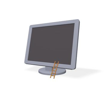 computer monitor with wooden ladder