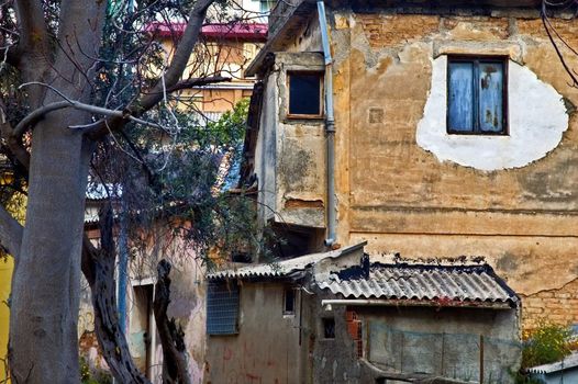 Decayed and spooky Italian house with barren tree