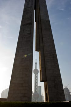Oriental Pearl Tower silhouetted in Obelisk