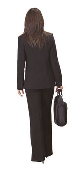 Back of a businesswoman with a laptop bag against a white background.